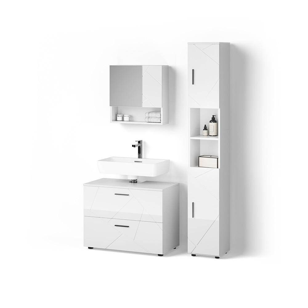 BADMÖBEL-SET Ronco Weiß Hochglanz 3 Teile, mit Schubladenschrank und Hochschrank - Weiß Hochglanz, Holzwerkstoff (80/58/41cm) - Livinity®