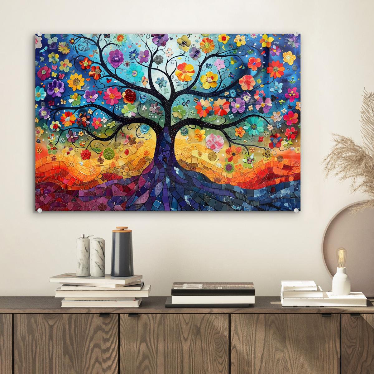 ACRYLGLASBILD Kunst - Baum des Lebens - Blumen - Hippie Wanddeko 60x40 cm - Dunkelblau, Glas (60/40cm) - MuchoWow