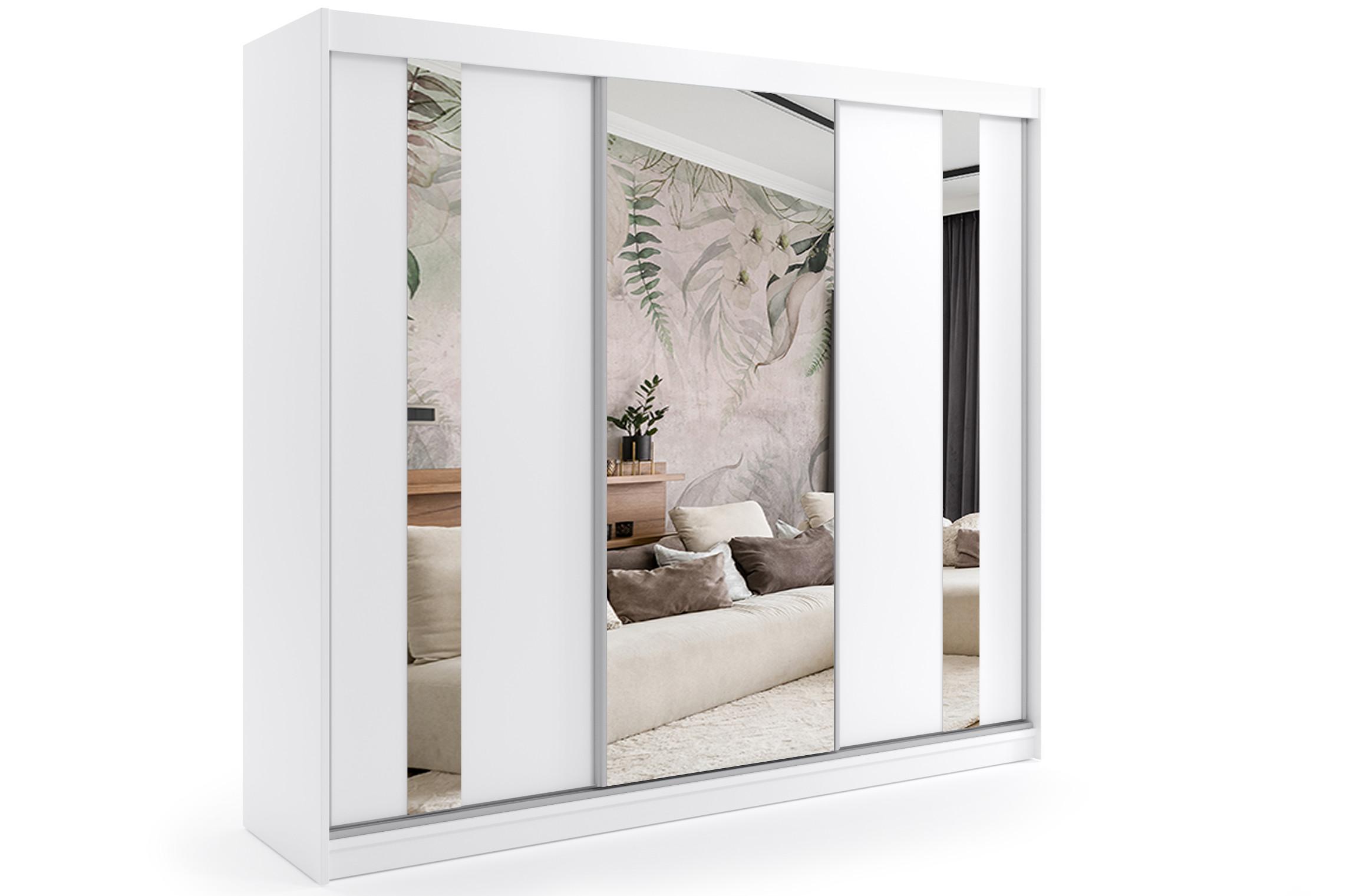 KLEIDERSCHRANK mit Spiegel-Schiebetüren und Aluminium-Leisten - GRACE - 240 cm Weiß - Weiß, Holzwerkstoff (240/216/61cm) - ALTDECOR
