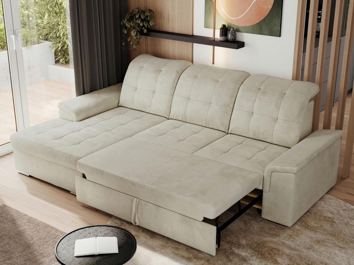 ECKSOFA MADRITO L - Beige Velorus - Links - Beige/Silberfarben, Textil/Metall (160/256cm)