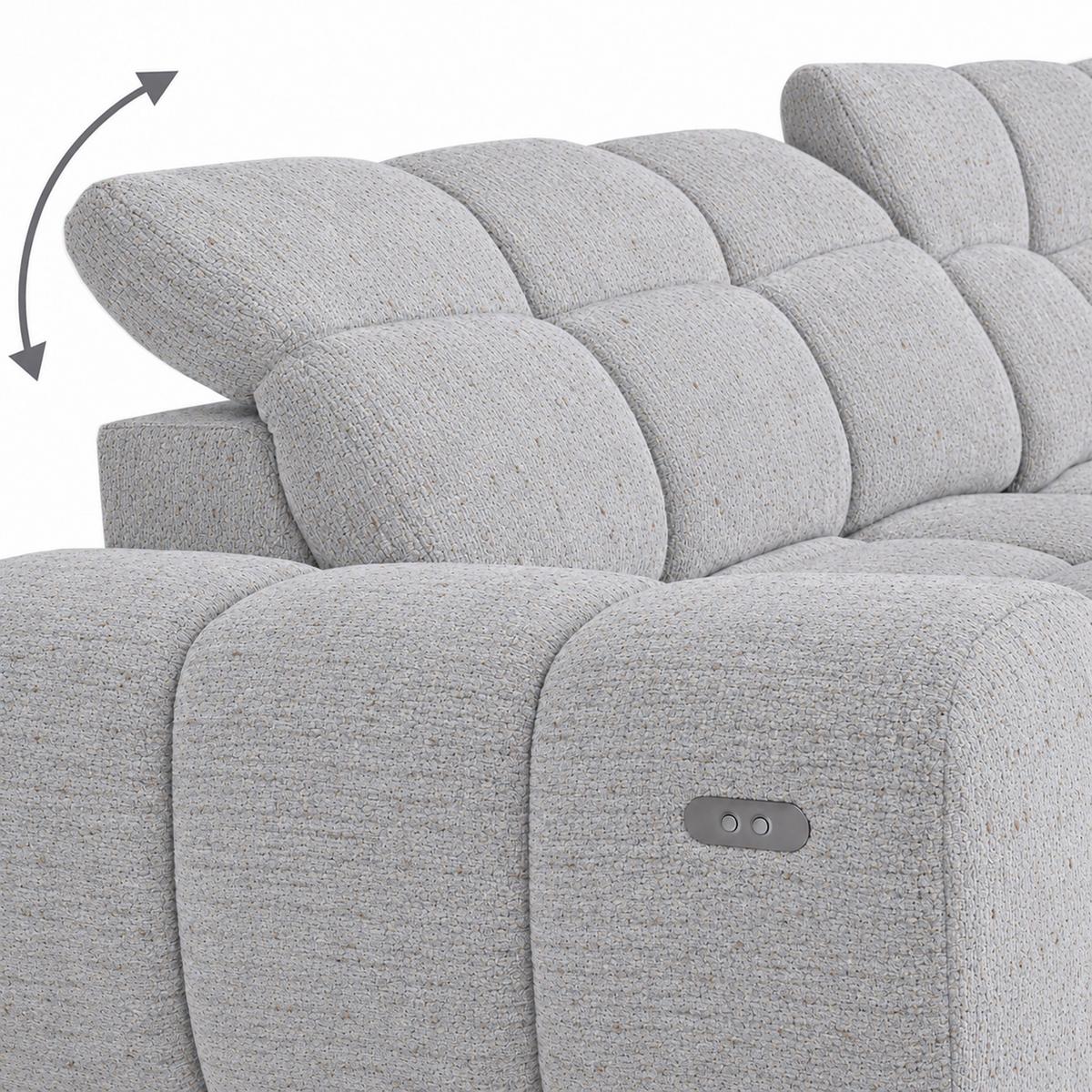 ECKSOFA Marco Mini mit elektrisch ausfahrbarem Sitz und verstellbaren Kopfstützen, Links, Chenille-Stoff, Hellgrau - Hellgrau/Schwarz, Textil (275/182cm) - Beautysofa
