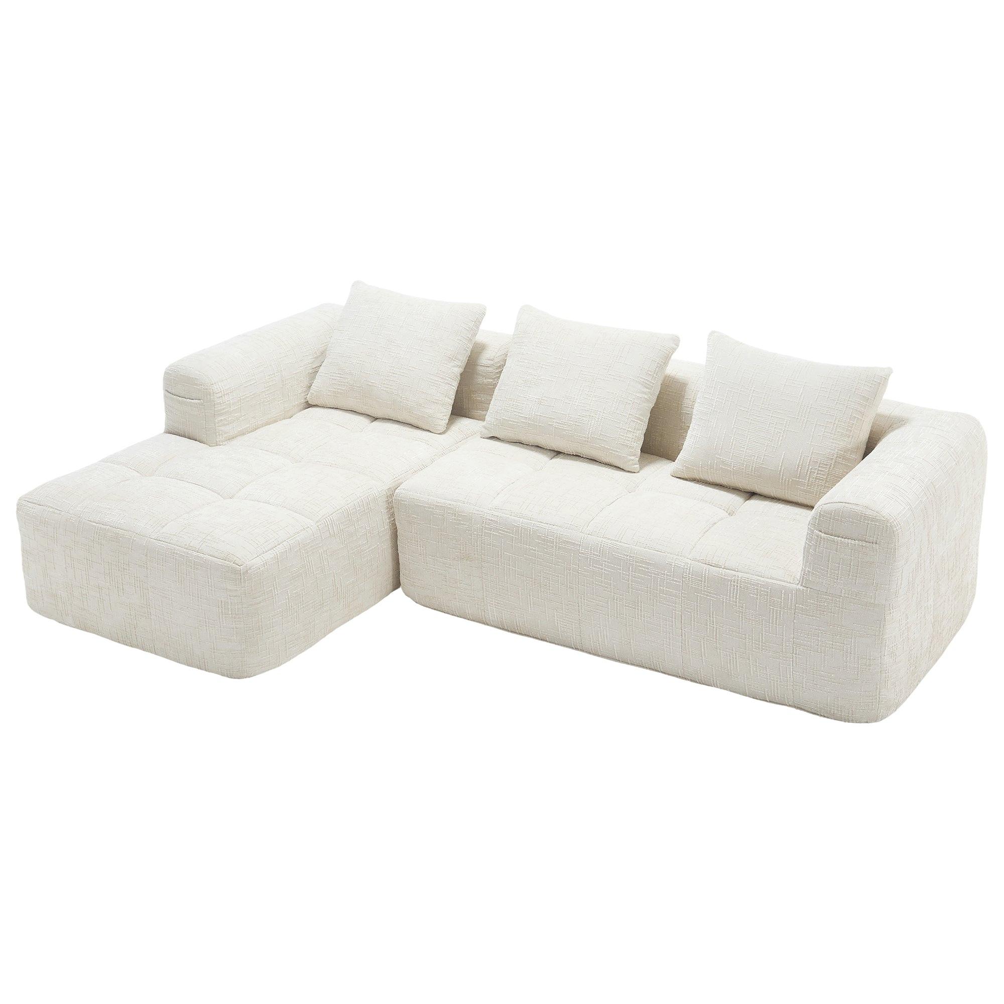 ECKSOFA 3-Sitzer mit Chaiselongue Taschen, Beige Chenille - Beige, Textil (158/250cm) - Urban Meuble