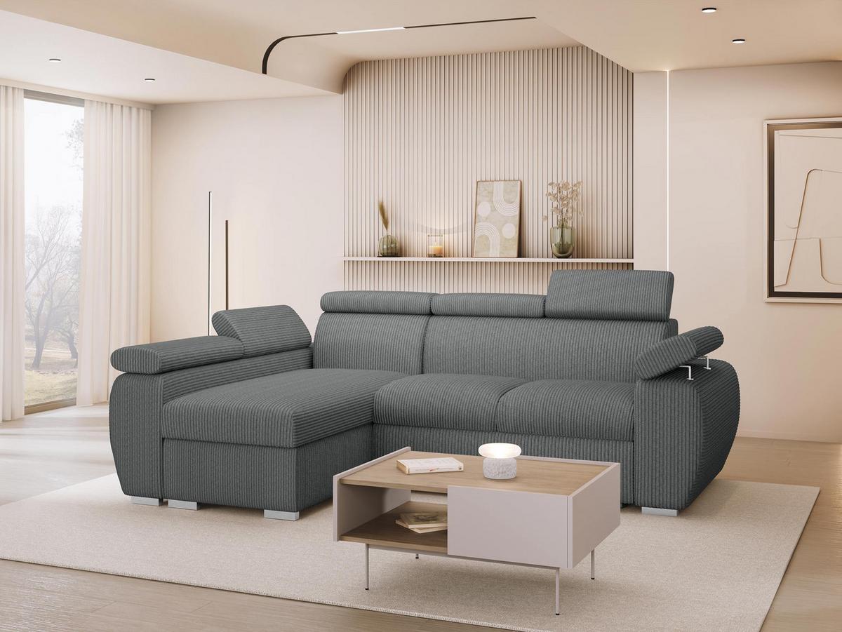 ECKSOFA Boston Mini Premium Cord 2RLC, Seite: Links LC+2R - Chromfarben/Grau, Holz/Textil (255/170cm) - MIRJAN24