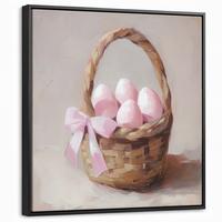 LEINWAND Bilder mit Rahmen - Korb - Eier - Rosa - 50x50 - Beige, Textil (50/50cm) - MuchoWow