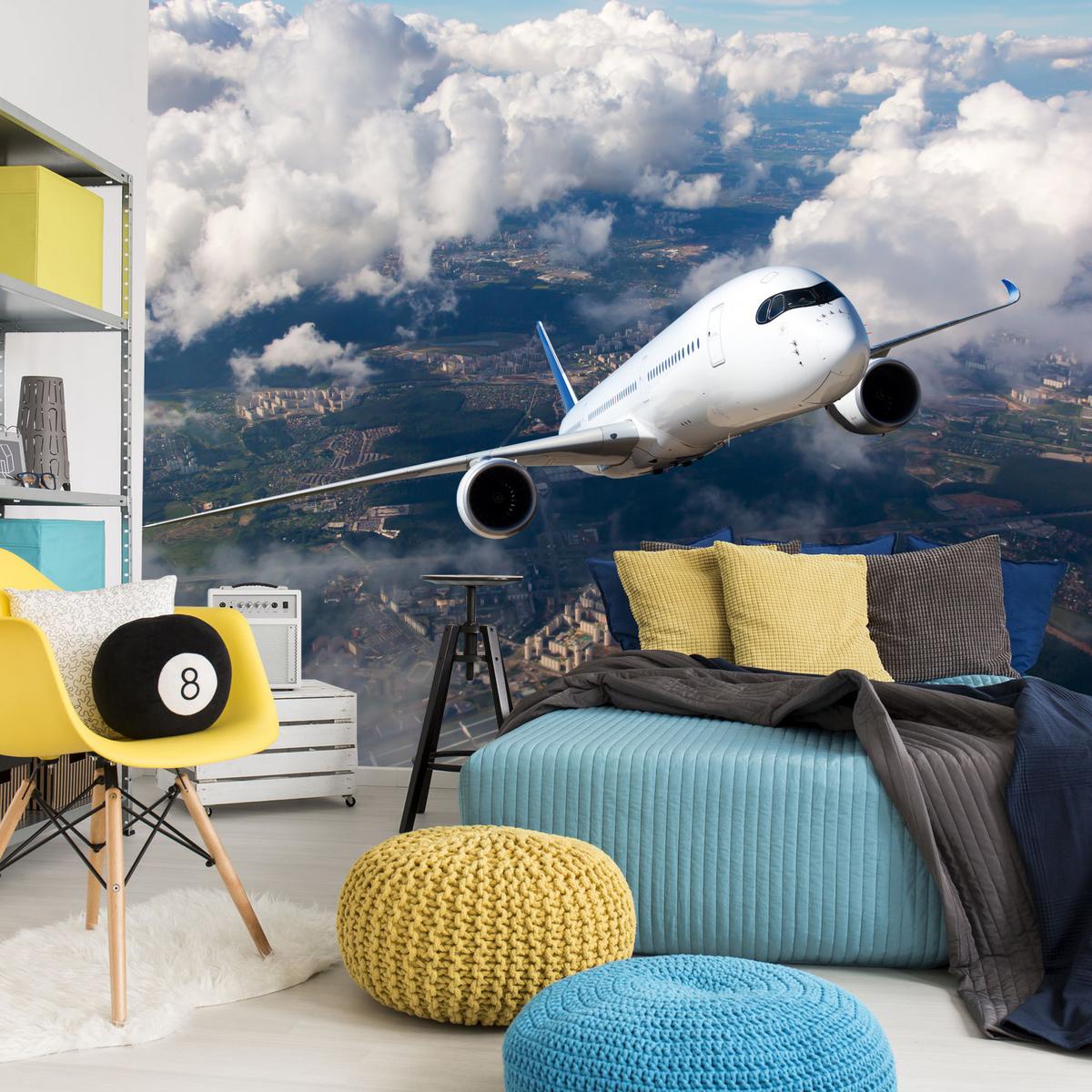 FOTOTAPETE für Jugendzimmer Flugzeug Start Wolken Himmel 300x210 - Blau/Beige, Papier (300/210cm) - Muralo