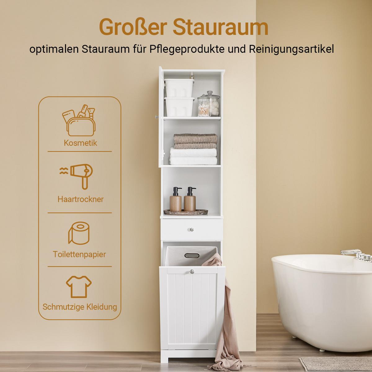 HOCHSCHRANK mit Wäschesack 40x38x180cm - Weiß, Holzwerkstoff (40/180/38cm) - SoBuy