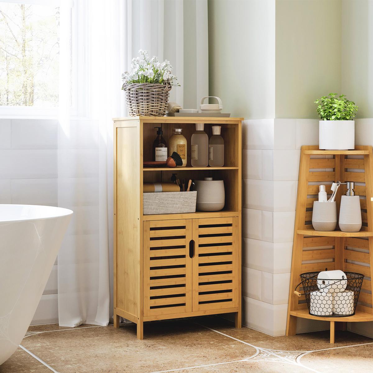 BADEZIMMERSCHRANK, Unterschrank aus Bambus, Badschrank mit Türen, Naturholz - Naturfarben, Holz/Bambusholz (29/92/50cm) - Kleankin