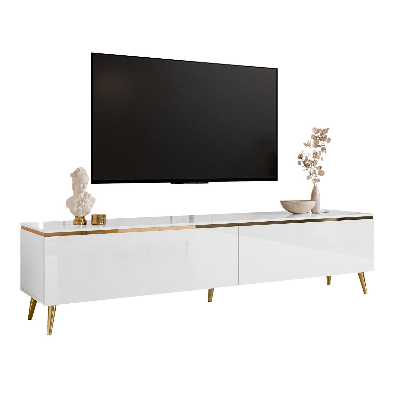 TV-LOWBOARD AURORA Weiß mit schräge Goldchrom Fuße - Weiß Hochglanz/Goldfarben, Holzwerkstoff/Metall (180/45/40cm) - Lookway