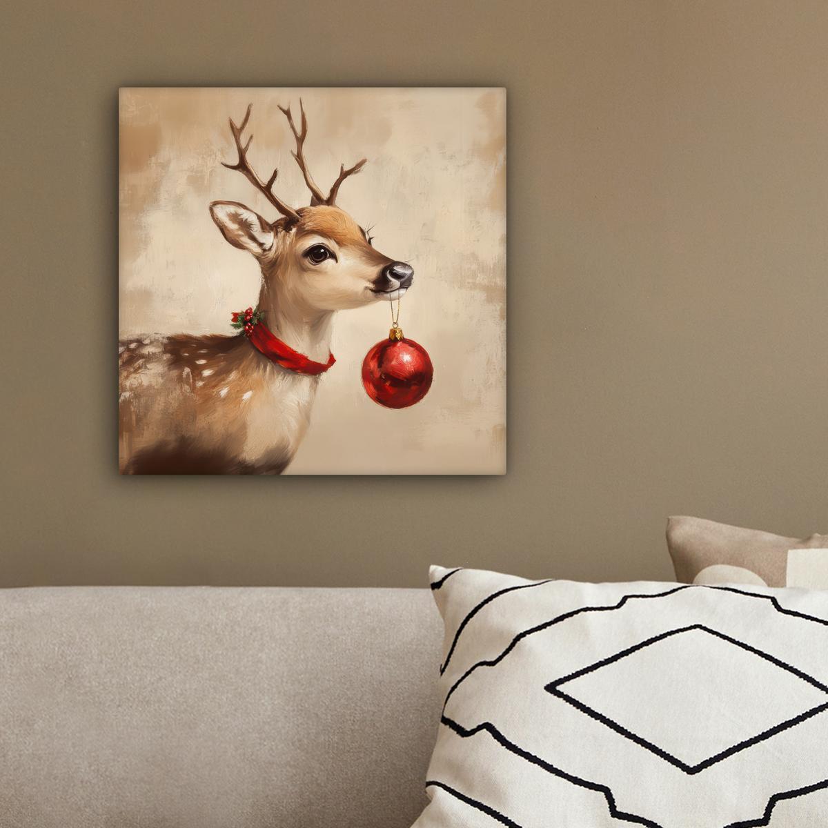LEINWANDBILD Weihnachten - Hirsch - Geweih - Weihnachtskugel - Rentier Deko Wohnzimmer 20x20 cm - Hellbraun, Textil (20/20cm) - MuchoWow