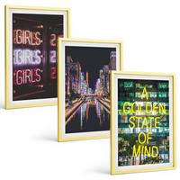 BILDER SET 3er Set - 40x60 cm Goldrahmen - Neonlichter am Fluss bei Nacht - Goldfarben, Kunststoff (40/60cm) - TULUP