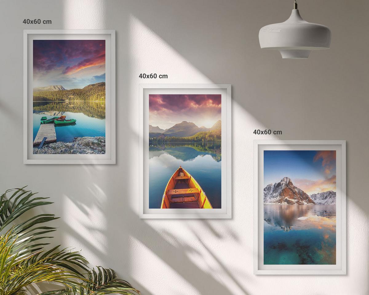 BILDER SET 3er Set - 40x60 cm Weißer Rahmen - Seen, Berge, Boote, Frieden - Weiß, Kunststoff (40/60cm) - TULUP