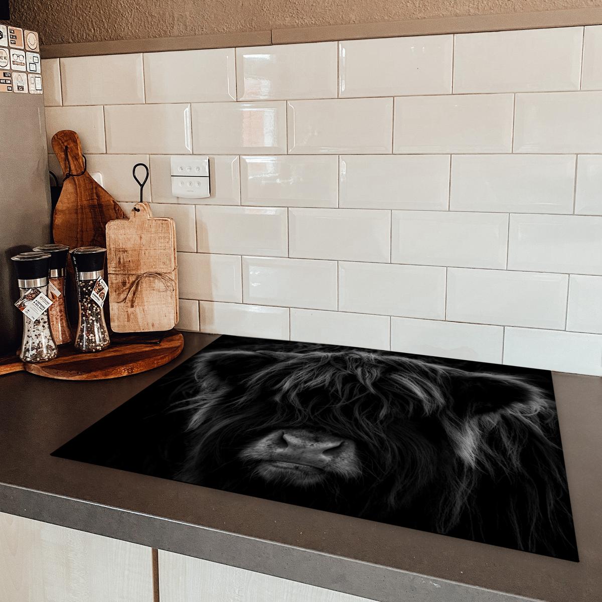 HERDABDECKPLATTE Schottischer Highlander - Kuh - Schwarz - Weiß - Tiere Induktionsmatte 71x52 cm - Schwarz, Kunststoff (71/52/0.2cm) - MuchoWow