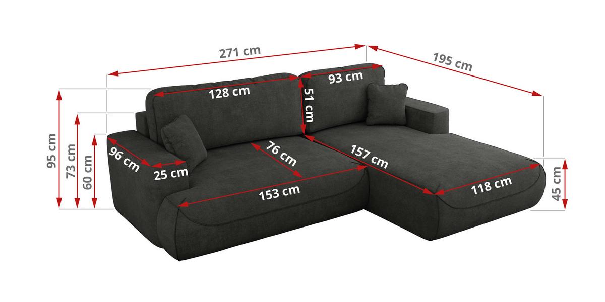 ECKSOFA OVO L Dunkelgrau Struktur - Rechts Seite - Dunkelgrau/Schwarz, Kunststoff/Textil (195/271cm) - MKS