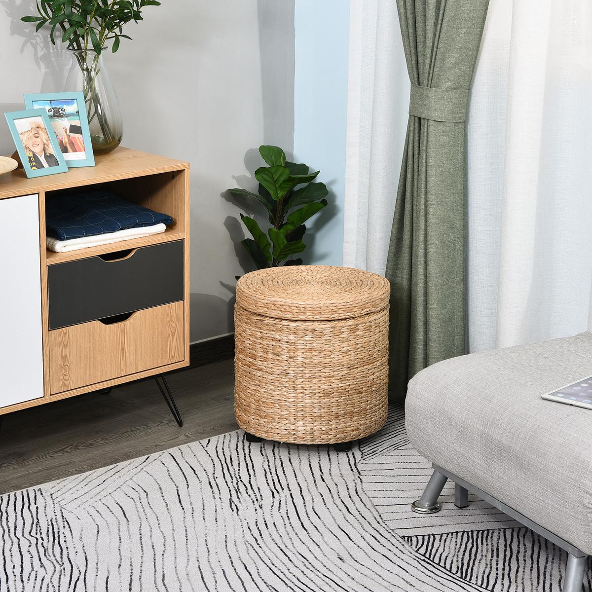 SITZHOCKER mit Stauraum Fußhocker Aufbewahrungsbox Stroh Rattan Khaki - Beige/Schwarz, Holz/Papier (43/43/43cm) - HOMCOM