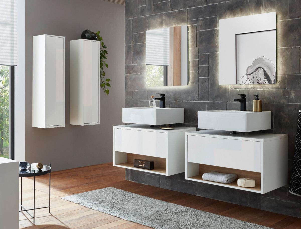 WASCHBECKENUNTERSCHRANK weiß Hochglanz, Eiche 80 cm, Bad Unterschrank mit Push-to-Open - Weiß Hochglanz, Holzwerkstoff (80/46/46cm) - Furn.Design