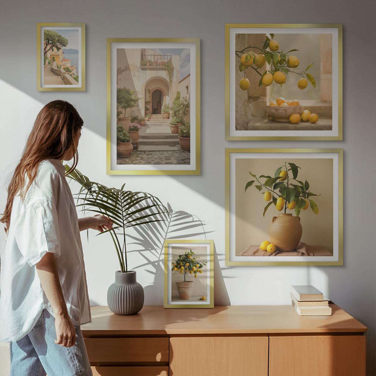 BILDER SET 5er Set - 50x50 cm & 20x30 cm & 40x60 cm Goldrahmen - Frische, farbenfrohe Zitrusfrüchte - Goldfarben, Kunststoff (40/60cm) - TULUP