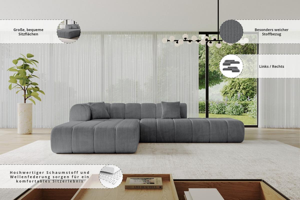ECKSOFA Ottomane Links BILA-L 289x176x71 Dunkelgrau Cord - Dunkelgrau/Anthrazit, Holzwerkstoff/Kunststoff (176/289cm) - ALTDECOR