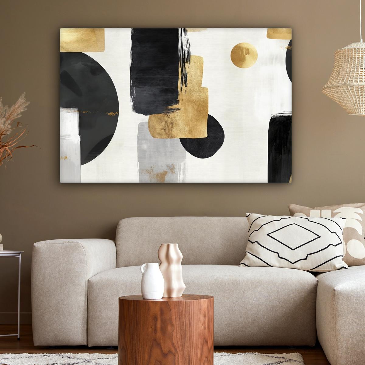 LEINWANDBILD Gold - Rechtecke - Kreise - Abstrakt Wohnzimmer Groß 120x80 cm - Weiß, Textil (120/80cm) - MuchoWow