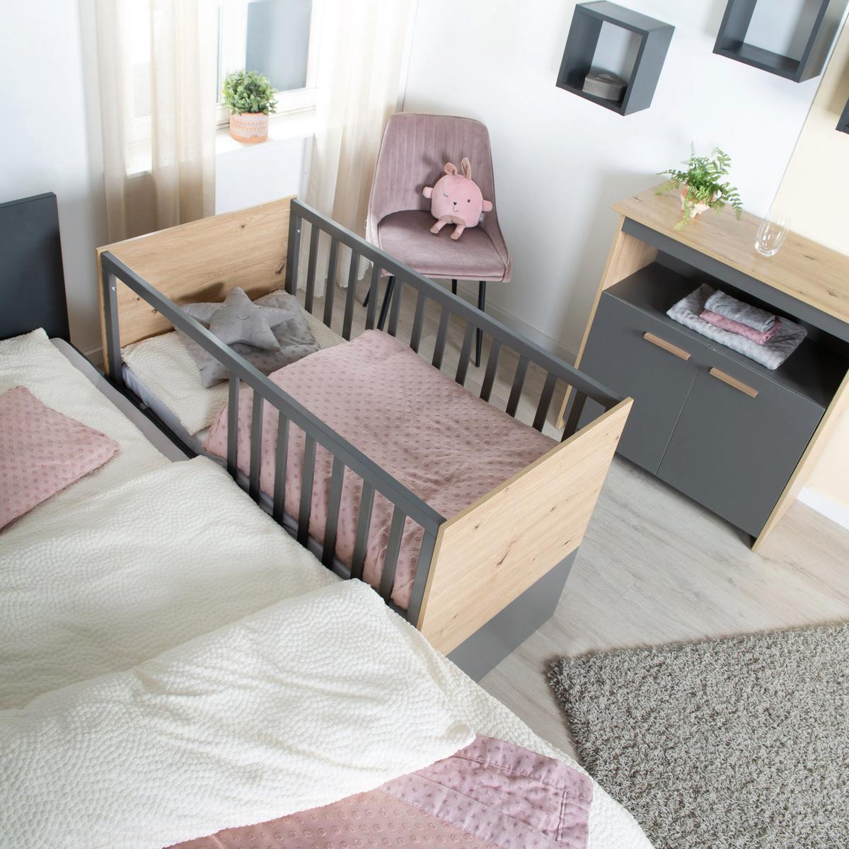 2-IN-1 BABY- & BEISTELLBETT Anna 60 x 120 cm - Anthrazit/Sonoma Eiche, Holz/Holzwerkstoff (60/120cm) - Roba
