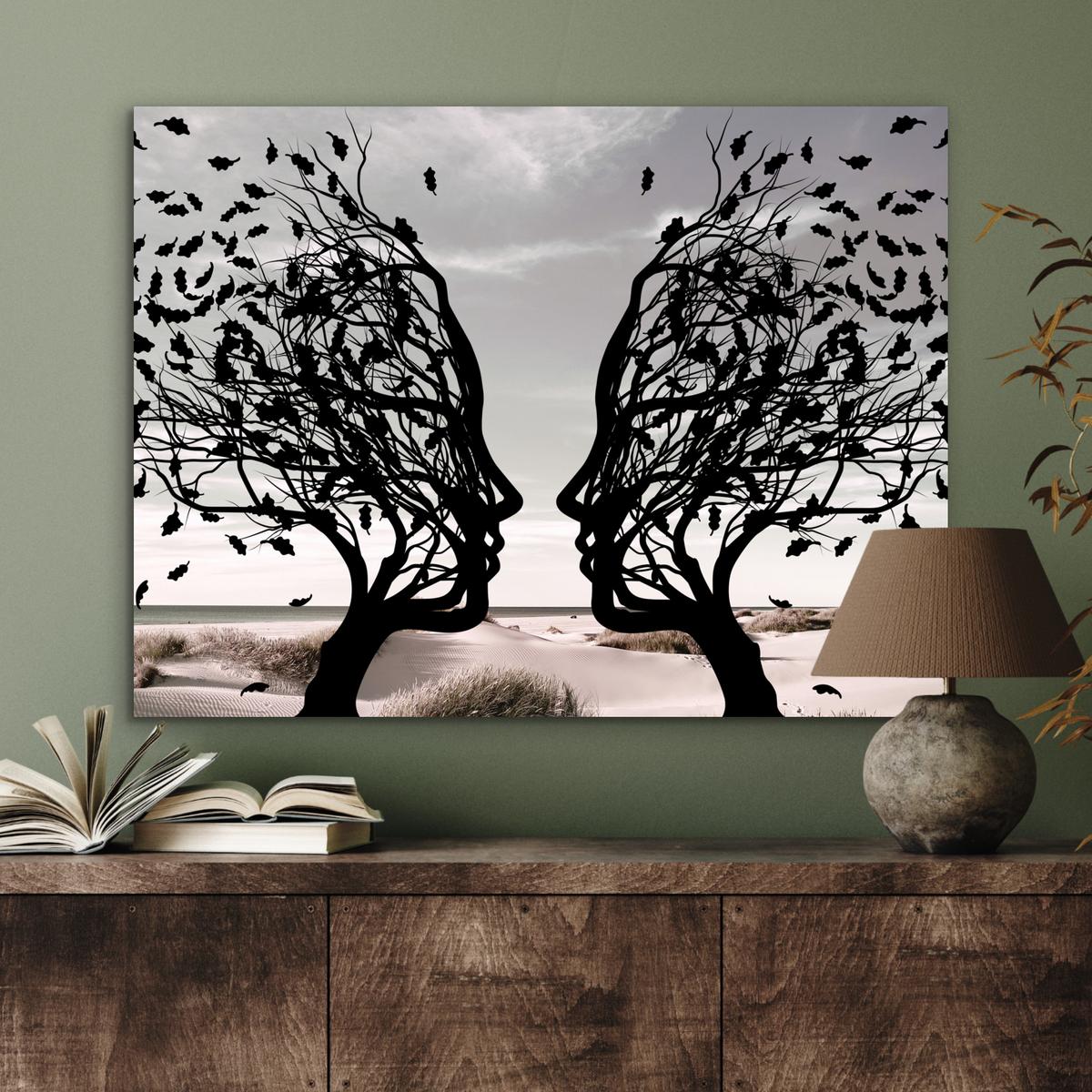 METALLBILD Strand - Meer - Menschen - Baum - Moderne Kunst 80x60 cm - Hellgrau, Metall (80/60cm) - MuchoWow
