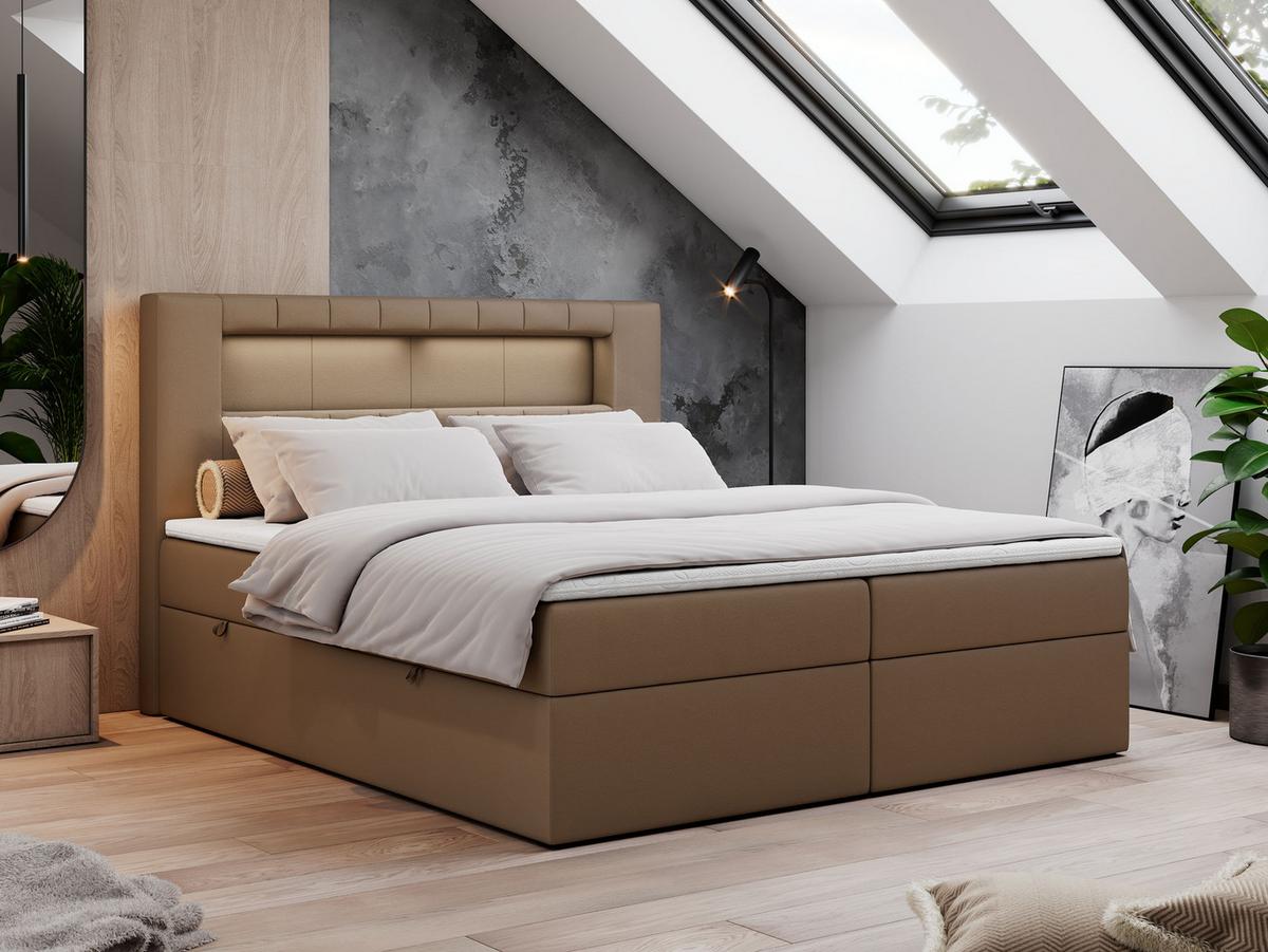 BOXBETT GOLD-5 LED 140/200 Braun Kunstleder - H3 - Braun, Holz/Textil (140/200cm) - MKS