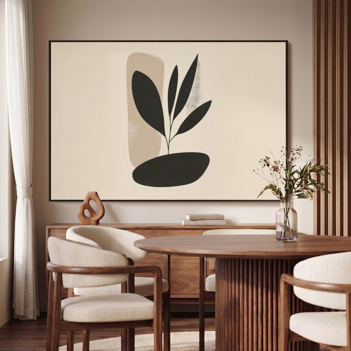 LEINWAND Bilder mit Rahmen - Pflanze - Beige - Japanisch - 140x90 - Schwarz, Textil (140/90cm) - MuchoWow