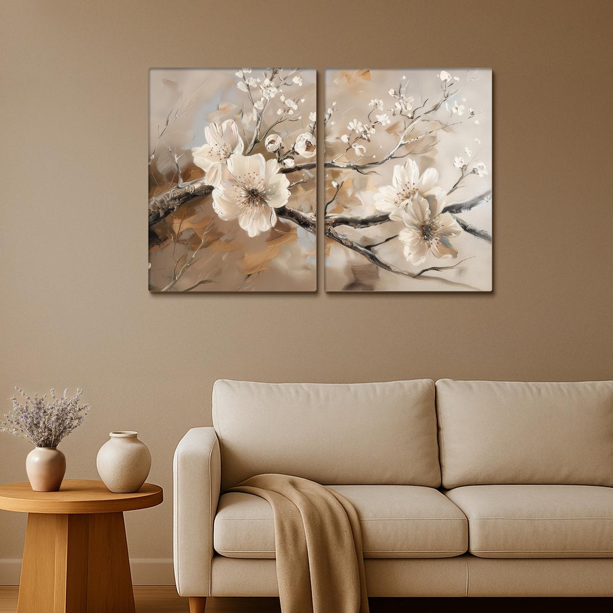 LEINWANDBILD 2er Set Blüte - Beige - Abstrakt - Blumen 100x70 cm - Hellbraun, Textil (100/70cm) - MuchoWow