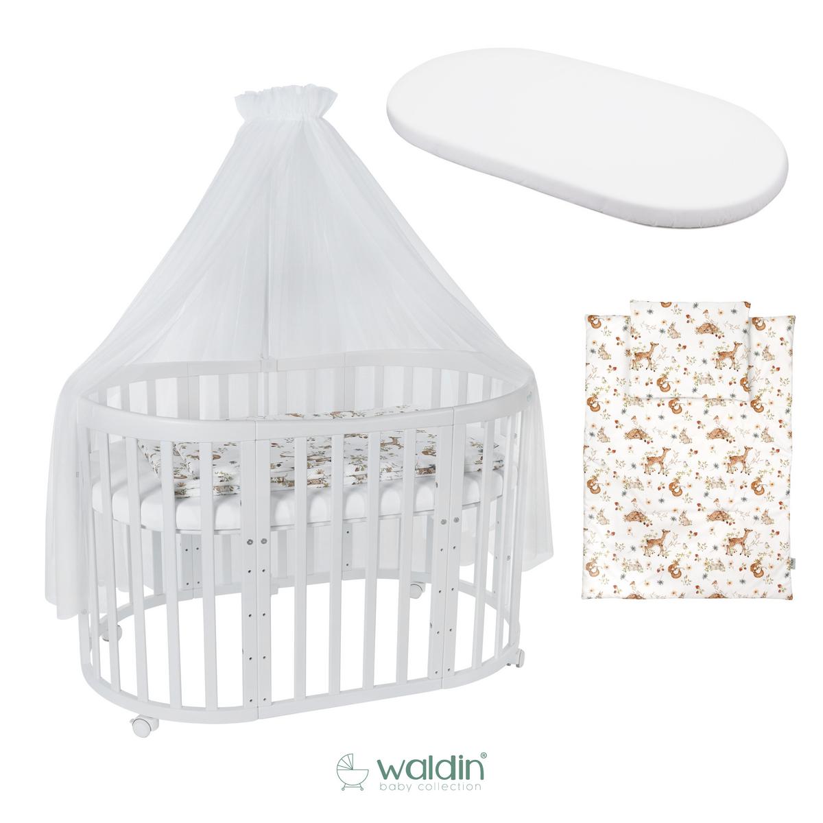 BABYBETT WHITE OVAL 7in1 mit Matratze und Himmelset - Multicolor/Weiß, Holz/Textil (73/125cm) - waldin