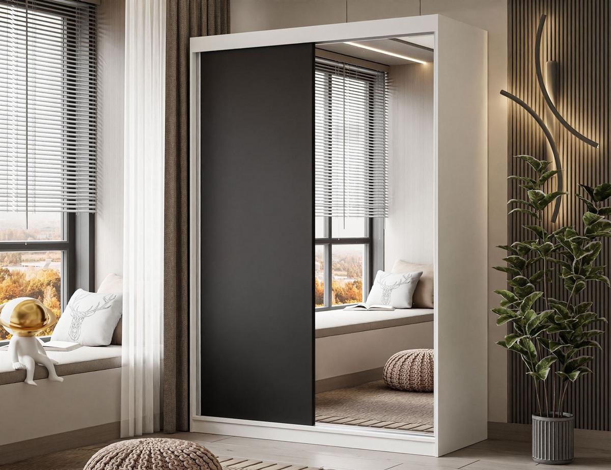 KLEIDERSCHRANK CAMARO II 150 cm mit Spiegel Schiebetürenschrank Weiß / Schwarz - Schwarz/Weiß, Holzwerkstoff (150/215/59cm) - Lookway