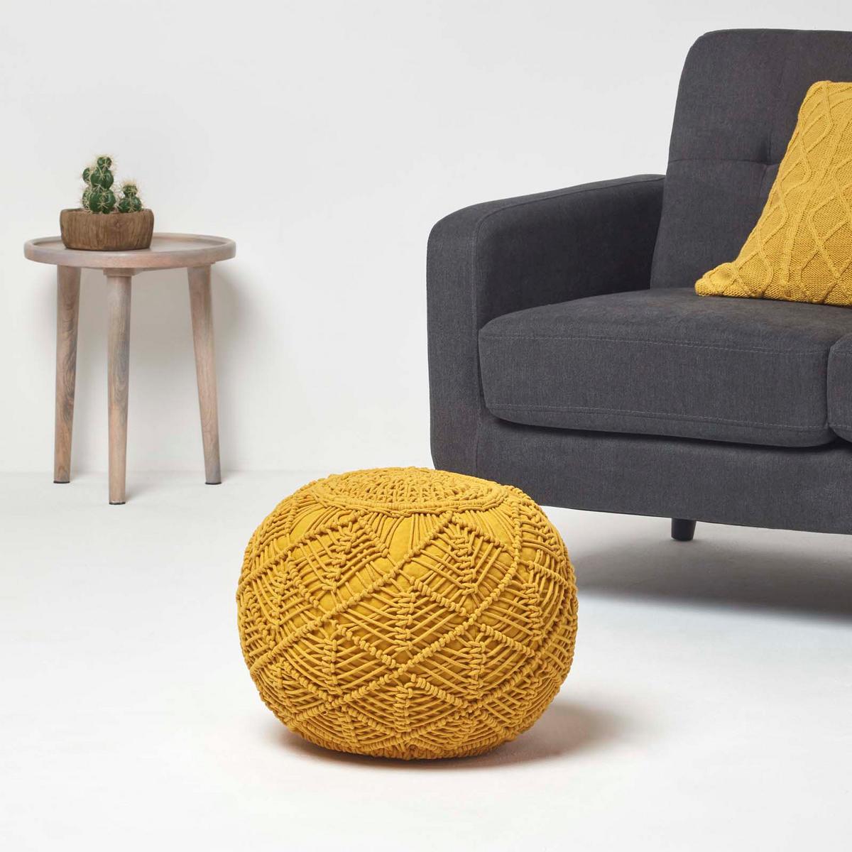 POUF senfgelb im Makramee-Stil, 40/40/35 cm - Currygelb, Textil (40/35/40cm) - Homescapes