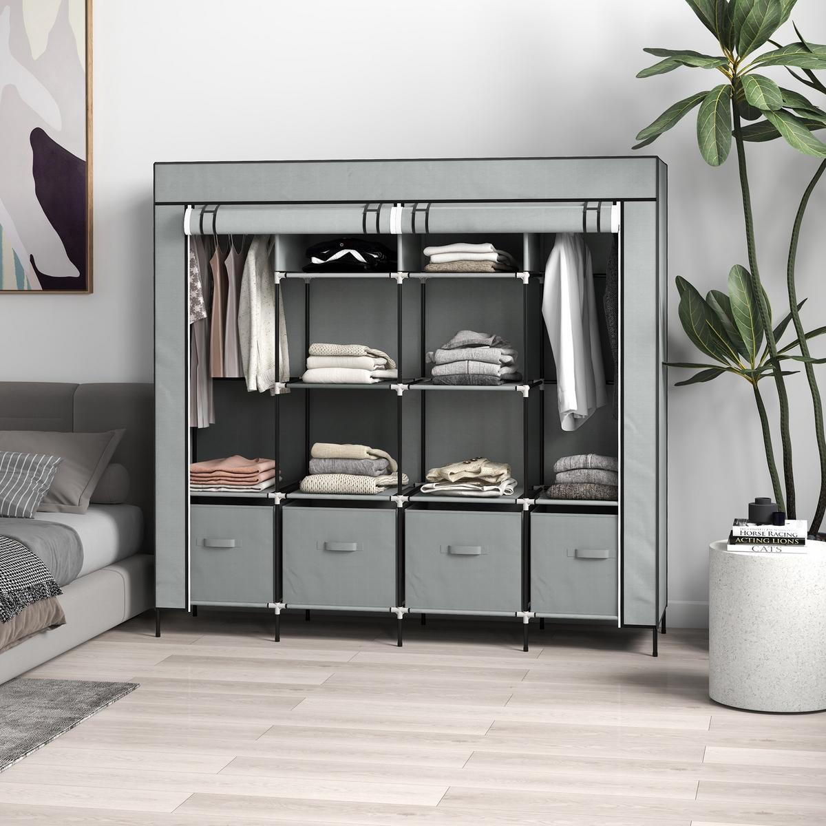 STOFFSCHRANK Kleiderschrank mit Kleiderstange, 10 Fächern, 4 Schubladen - Dunkelgrau, Textil/Metall (42.5/169.5/166cm) - HOMCOM