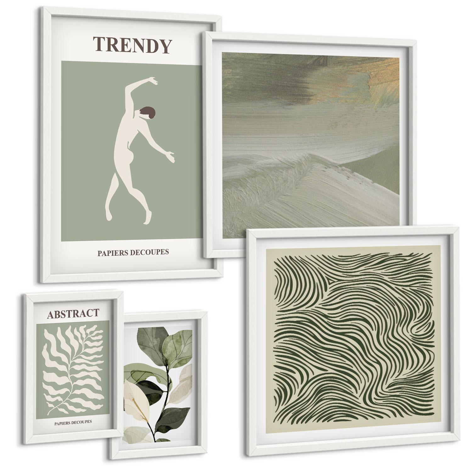 BILDER SET 5er Set - 50x50 cm & 20x30 cm & 40x60 cm Weißer Rahmen - Abstrakte Pflanzenmuster - Weiß, Kunststoff (40/60cm) - TULUP