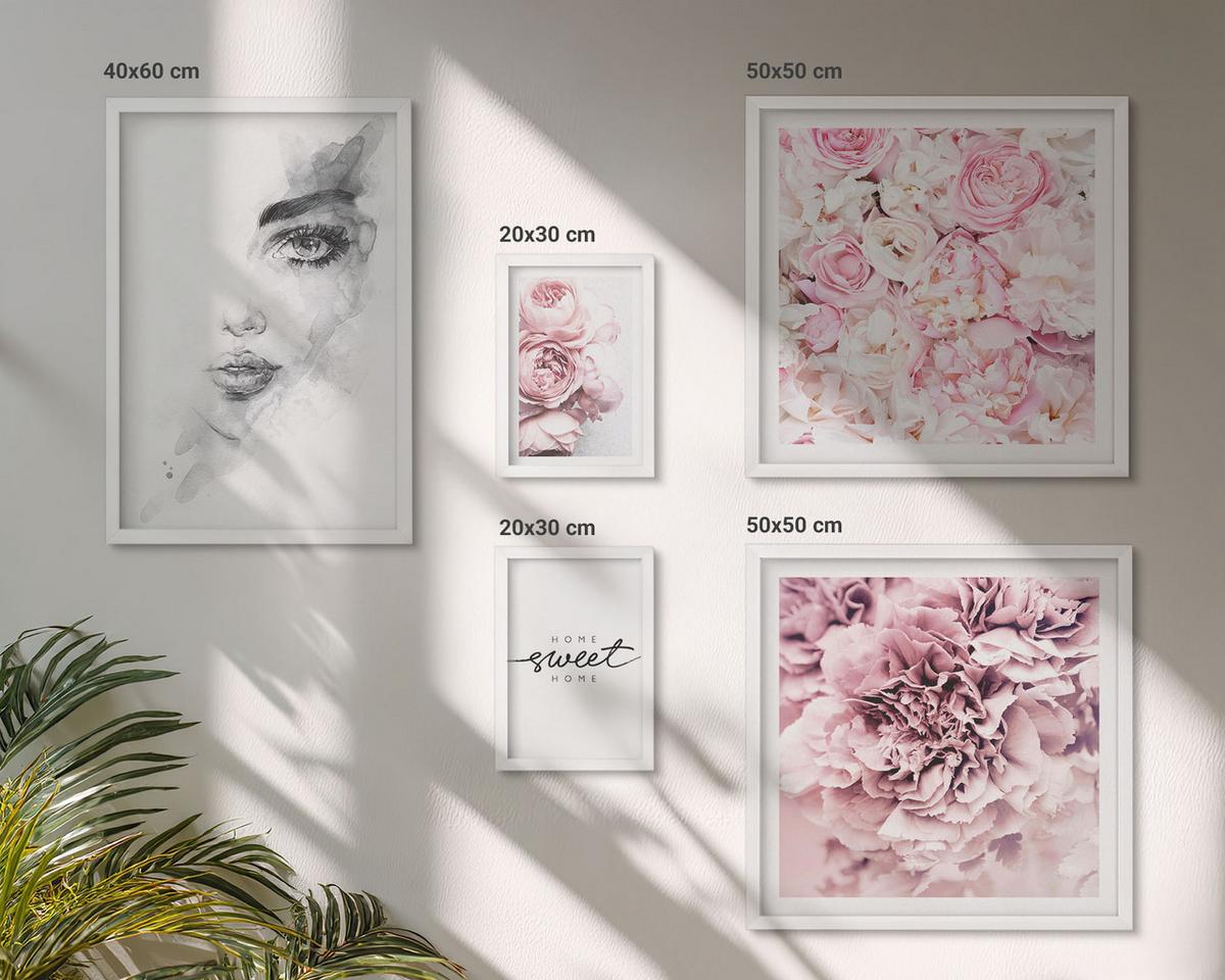 BILDER SET 5er Set - 50x50 cm & 20x30 cm & 40x60 cm Weißer Rahmen - Pfingstrosenporträt einer Frau zu Hause - Weiß, Kunststoff (40/60cm) - TULUP