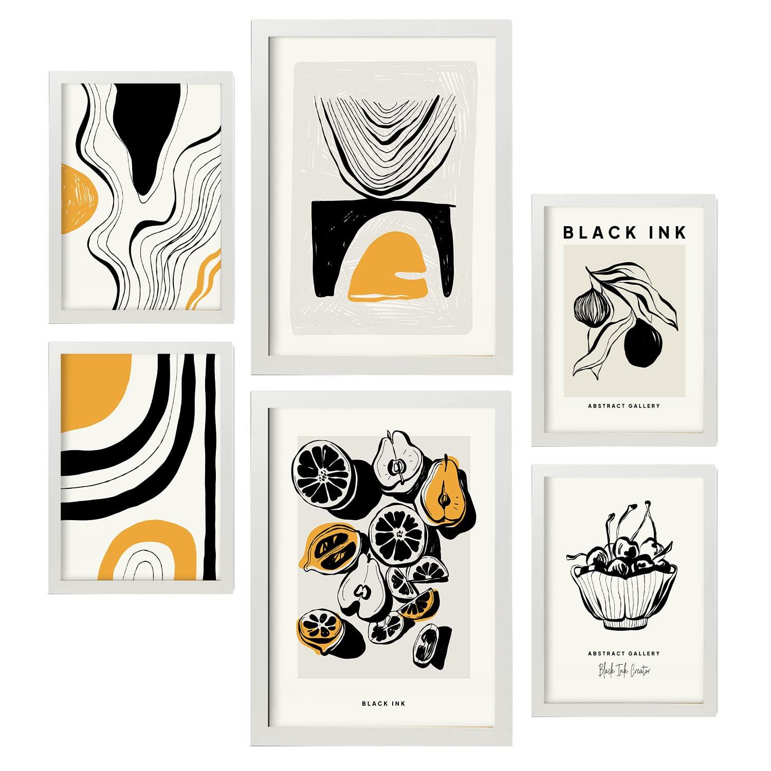 POSTER Set Mit 6 In Schwarzer Tinte Früchte Künstlerische Und Abstrakte Drucke Für Innenarchitektur A3 & A4 Weißer Rahmen - Weiß, Papier (29/3cm) - Nacnic
