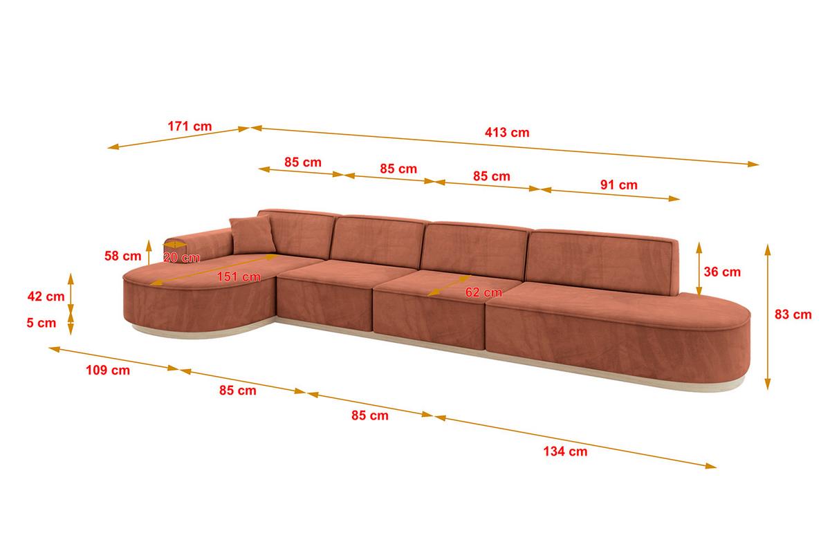 ECKSOFA Ottomane Links MARI-L3-v1 - 413x171x83 cm Koralle Velours - Koralle, Holzwerkstoff/Textil (413/171cm) - ALTDECOR