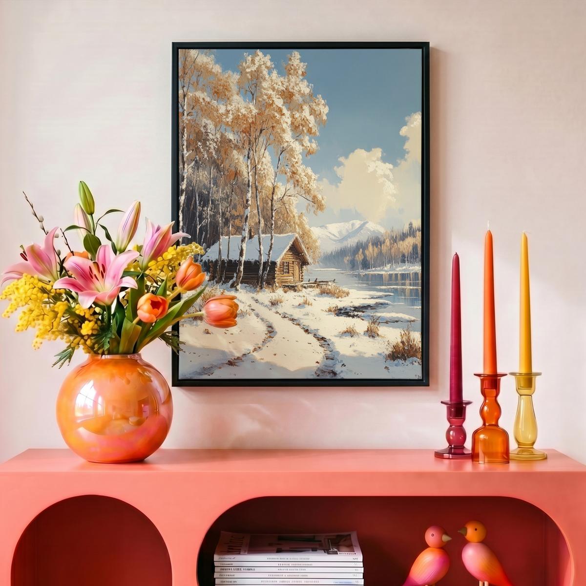 LEINWAND Bilder mit Rahmen - Winter - Schnee - Zuhause - Natur - 30x40 - Hellbraun, Textil (30/40cm) - MuchoWow