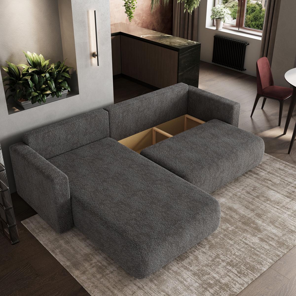 ECKSOFA TURIN N Grau Bucle-Stoff mit Schlaffunktion - Grau, Holz/Kunststoff (265/183cm) - MASSENO