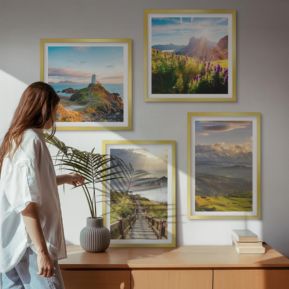 BILDER SET 4er Set - 50x50 cm & 40x60 cm Goldrahmen - Bergblumen Himmelsweg - Goldfarben, Kunststoff (50/50cm) - TULUP