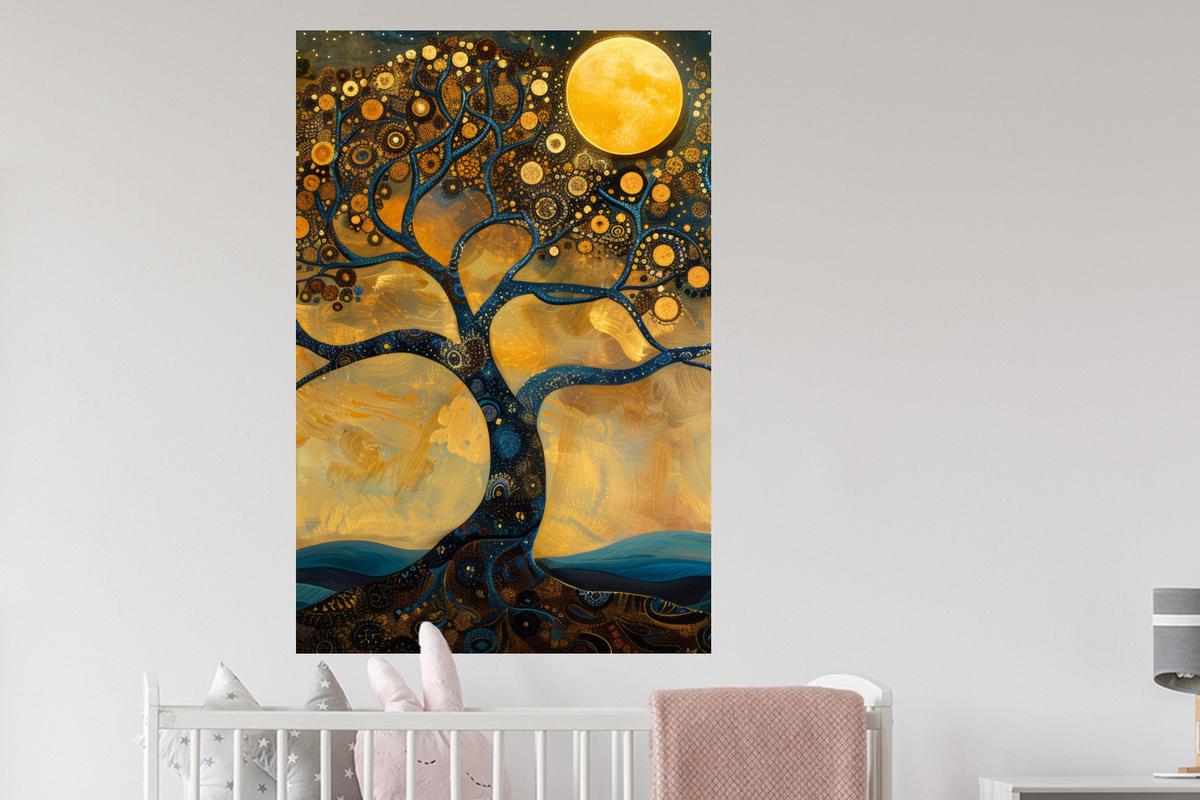 WANDTATTOO Baum - Mond - Blumen - Gold - Kunst Wandaufkleber 80x120 cm - Orange, Kunststoff (80/120/0.1cm) - MuchoWow