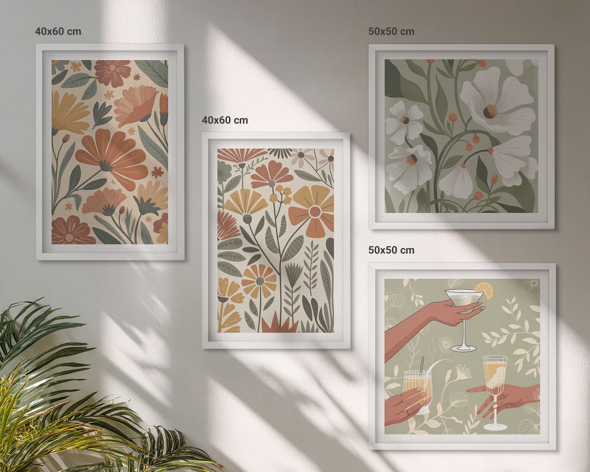 BILDER SET 4er Set - 50x50 cm & 40x60 cm Weißer Rahmen - Blumenmuster in Orange und Grün - Weiß, Kunststoff (50/50cm) - TULUP