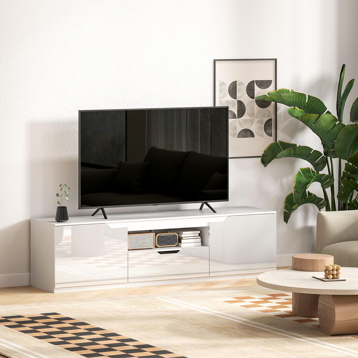 HOCHGLANZ TV-Lowboard für Fernseher bis 65 Zoll, 3 Fächer, Schublade, Weiß - Weiß Hochglanz/Weiß, Holzwerkstoff (38/43/160cm) - HOMCOM