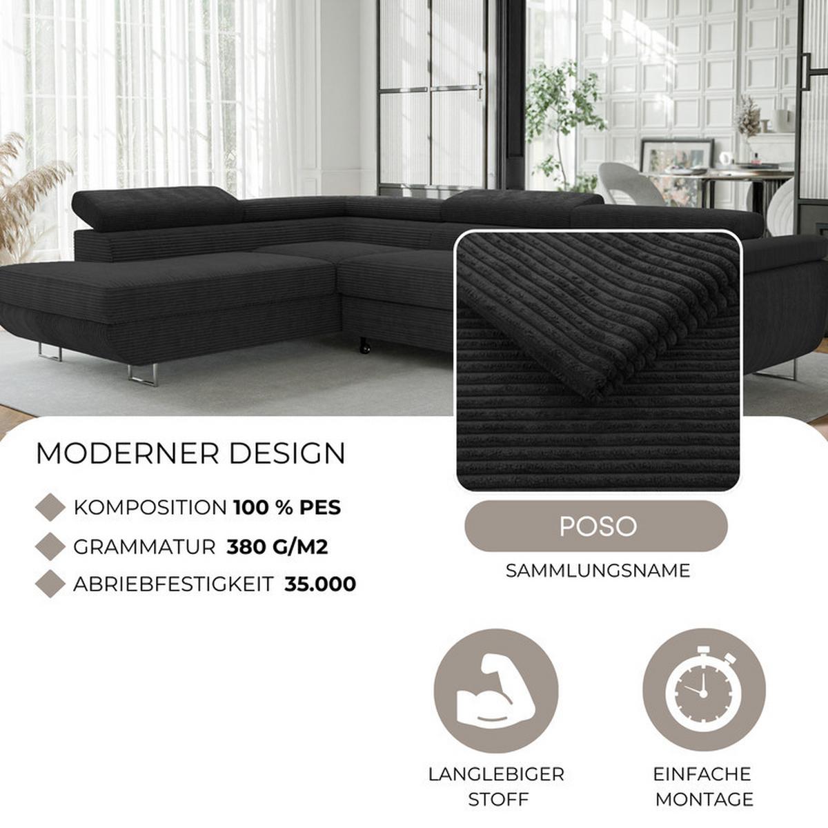 ECKSOFA ANTON links, mit Schlaffunktion und Bettkasten Anthrazit - Chromfarben/Anthrazit, Textil/Metall (274/203cm) - Idohome