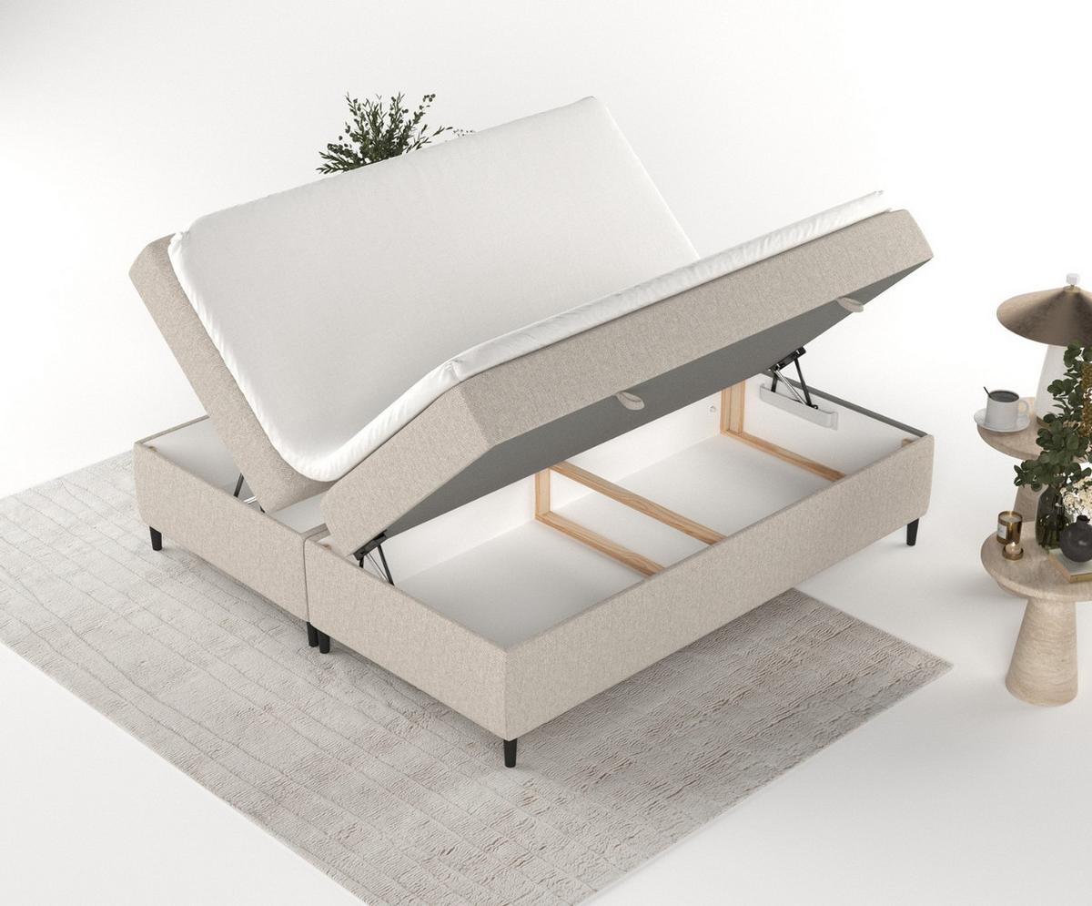BOXBETT Theo 120/200 cm Hellbeige im Megan Stoff - Sandfarben/Schwarz, Holz/Holzwerkstoff (120/200cm) - AltaBeds