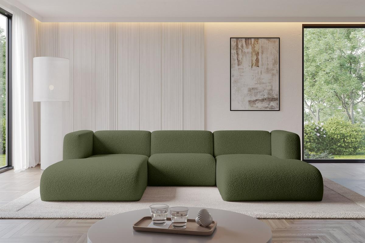 WOHNLANDSCHAFT MIRA-U1 317x179x70 Grün Bouclé - Schwarz/Olivgrün, Holzwerkstoff/Kunststoff (317/70/179cm) - ALTDECOR