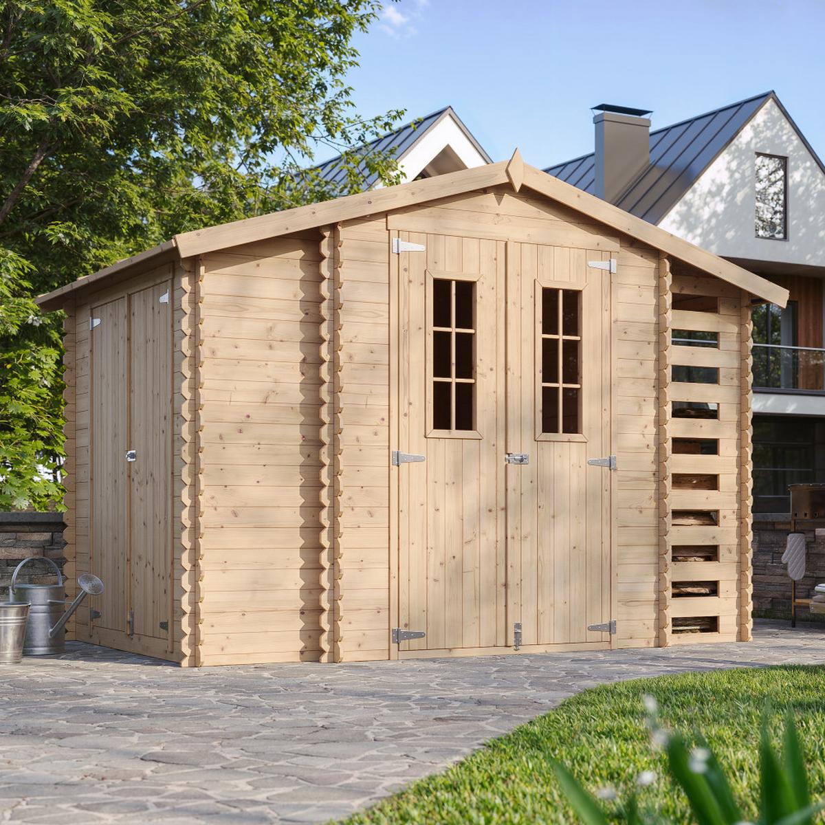 HOLZHAUS GARTENHAUS mit Brennholzschuppen M389C+M389G - mit imprägniertem Boden- 3,53 + 0,97 + 0,97 m2 - Beige, Holz (312/218/206cm) - Timbela