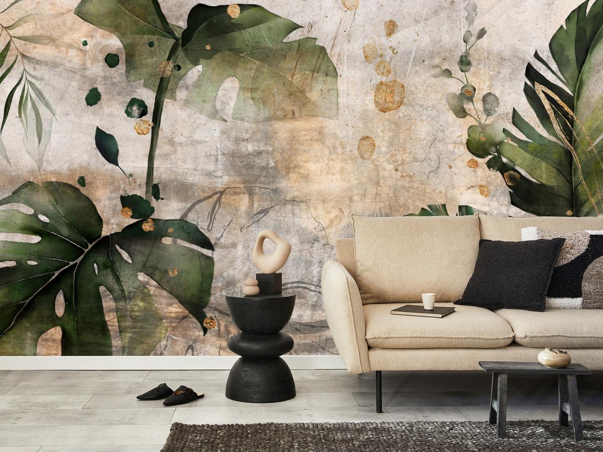 FOTOTAPETE für Schlafzimmer Tropisch Monstera Aquarell Retro 150x105 - Beige/Orange, Papier (150/105cm) - Muralo