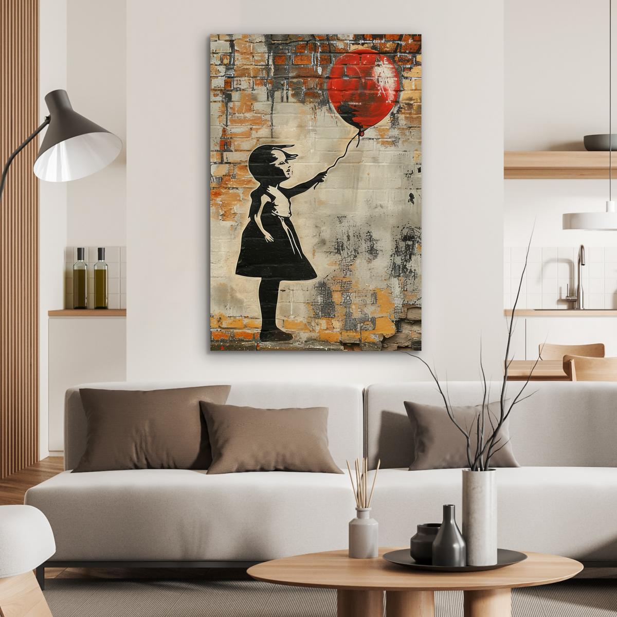 METALLBILD Graffiti - Banksy - Mädchen - Straßenkunst 80x120 cm - Sandfarben, Metall (80/120cm) - MuchoWow