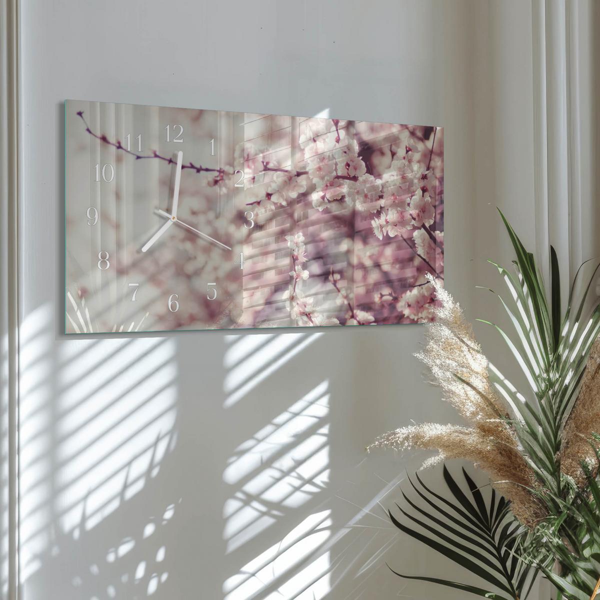 WANDUHR aus Glas 60x30 cm - Kirschblüten - Pink, Glas (60/30/0.4cm) - TULUP