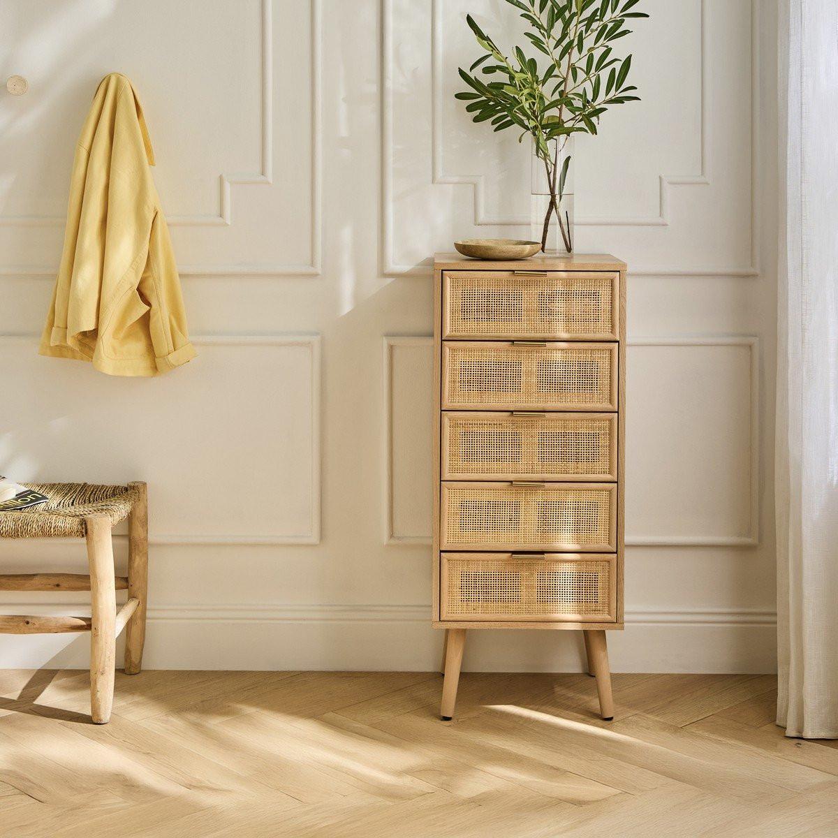 KOMMODE mit 5 Schubladen und Fronten aus natürlichem Rattan - H100,5 cm - Apfelbaumfarben, Holzwerkstoff (42/100.5/36.5cm) - Calicosy