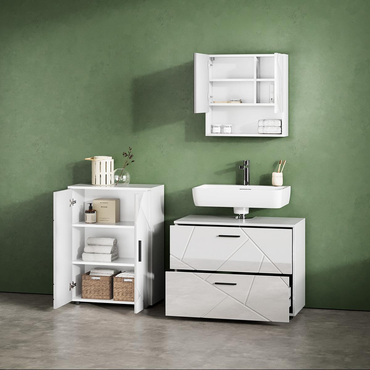 BADMÖBEL-SET Ronco Weiß Hochglanz 3 Teile, mit Unterschrank 80 cm - Weiß Hochglanz, Holzwerkstoff (80/58/41cm) - Livinity®